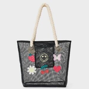 Art Class Girls Daisy Mesh Tote Bag in black mesh with rope straps stylish NWT